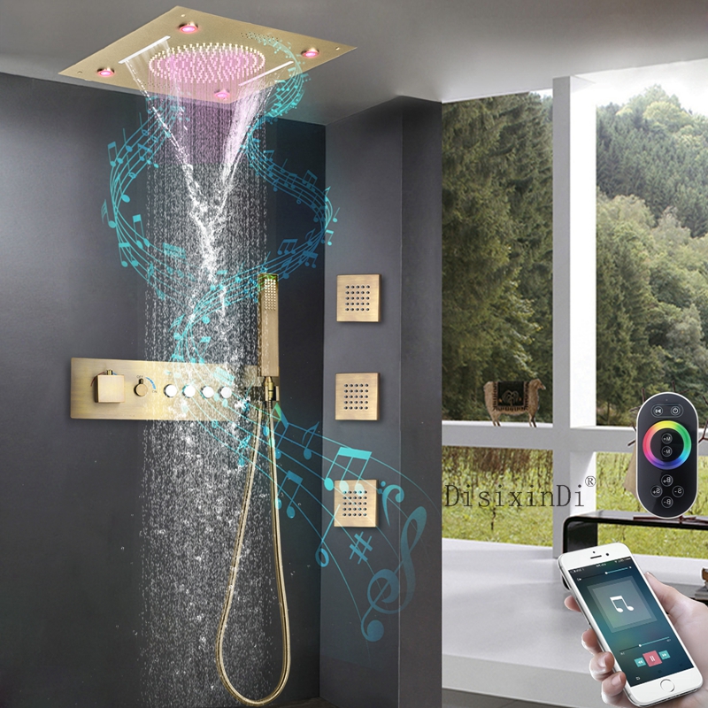El nuevo sistema de ducha Led de música de latón antiguo montado en el techo juego de ducha de baño con cabezal de ducha de cascada y lluvia de 16 pulgadas