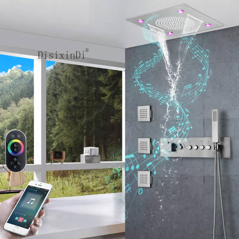 Cabezal de ducha de música LED de acero inoxidable 304, 400x400mm, botón termostático integrado para techo, juego de Grifo de ducha de baño de cuerpo principal