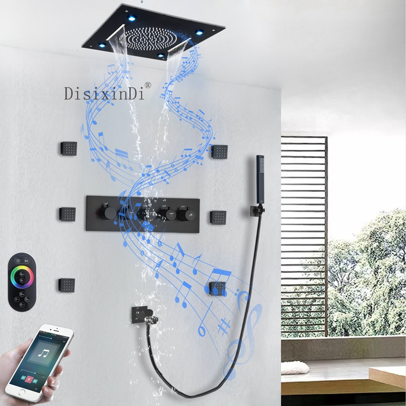 Juego de ducha empotrada en el techo, cabezal de ducha LED de 400x400mm con altavoz musical, Sistema de ducha termostático de chorro corporal de 5x5cm