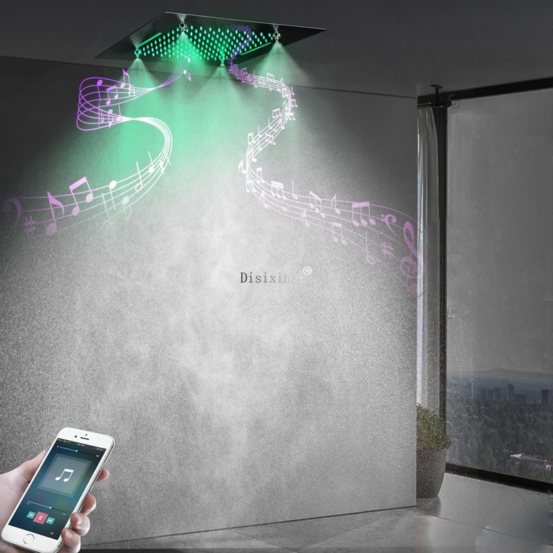 Cabezal de ducha LED cromado pulido con altavoz musical, lluvia brumosa y ducha en cascada, cabezal de ducha empotrado en techo de 20 pulgadas