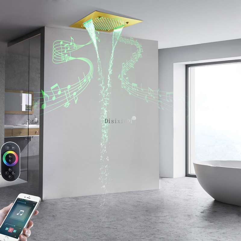 Cabezal de ducha LED de 20 pulgadas de acero inoxidable SUS304 con altavoces musicales, lluvia brumosa y cascada, sistema de ducha integrado en el techo