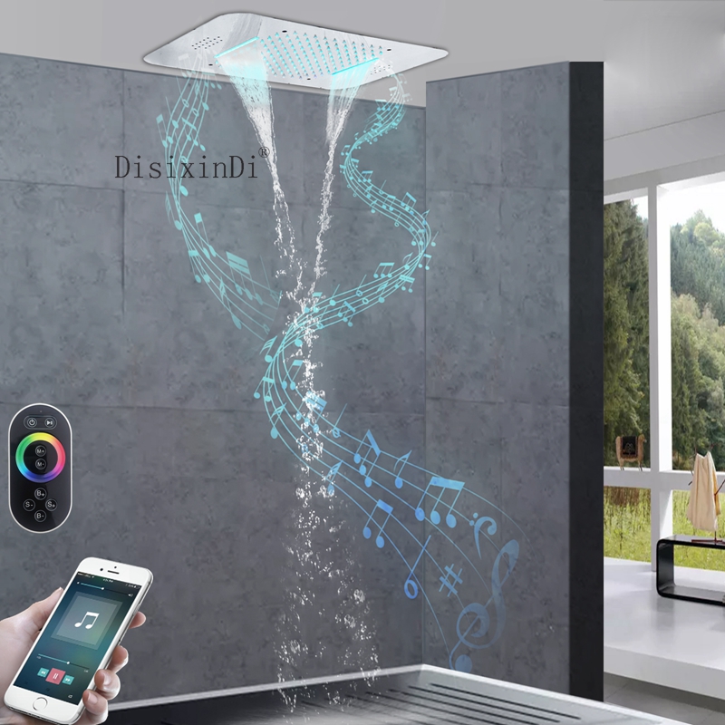 Cabezal de ducha LED colorido de lujo para baño, techo de ducha cuadrado SUS304, 58x38cm, cabezal de ducha pulido cromado con música