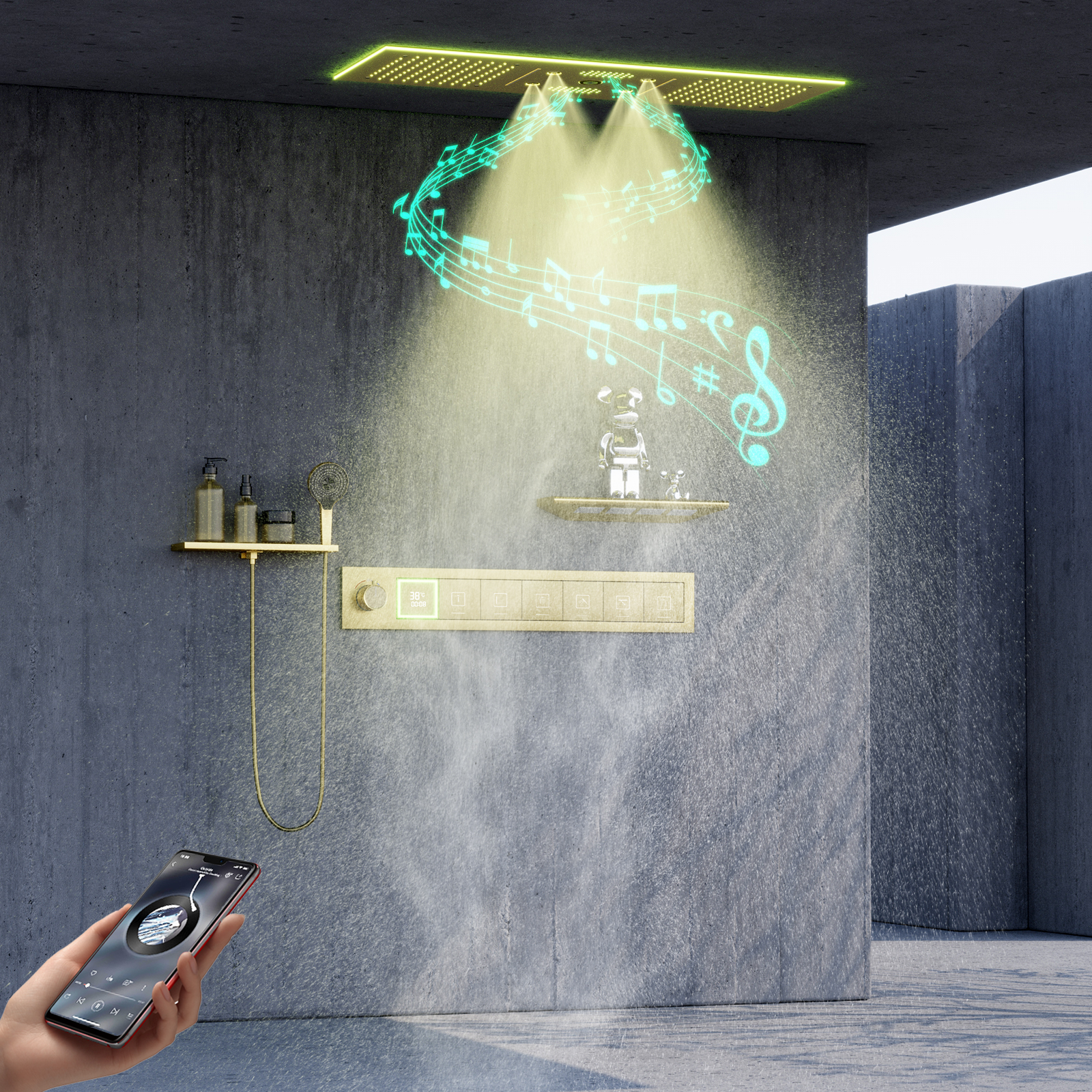 Oro pulido baño temperatura constante ducha de alto flujo luz Led cabezal de ducha con altavoz cascada sistema de selva tropical
