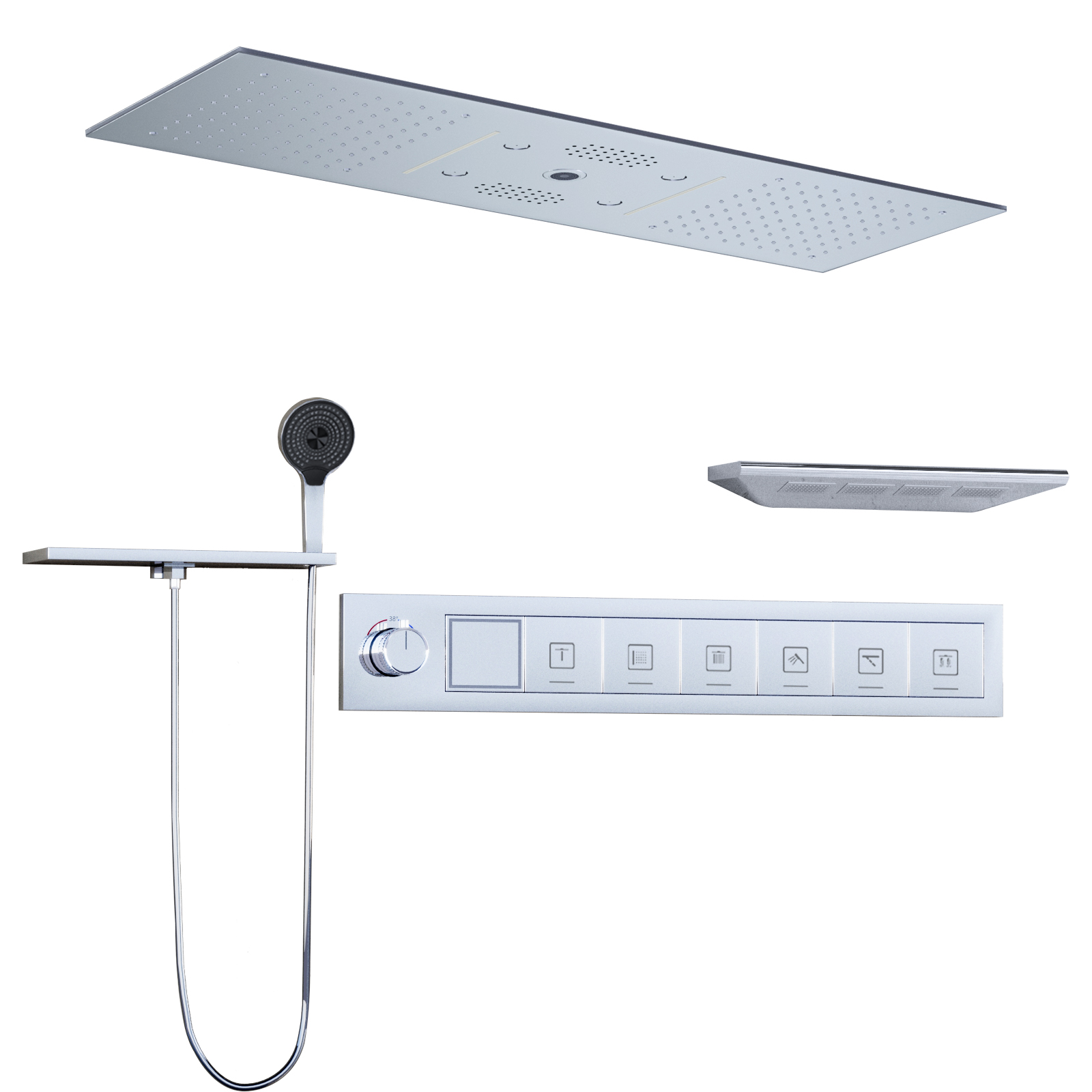 Sistema de ducha LED de 6 funciones para baño de lujo, columna de agua atomizada de 90x30cm, plato de ducha de lluvia con cabezal rociador cuadrado