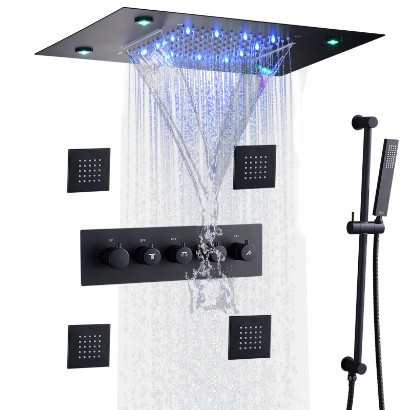 Juego de grifo de ducha montado en la pared, sistema de ducha termostático LED oculto, cabezal de ducha de lluvia en cascada de 14X20 pulgadas, color negro mate