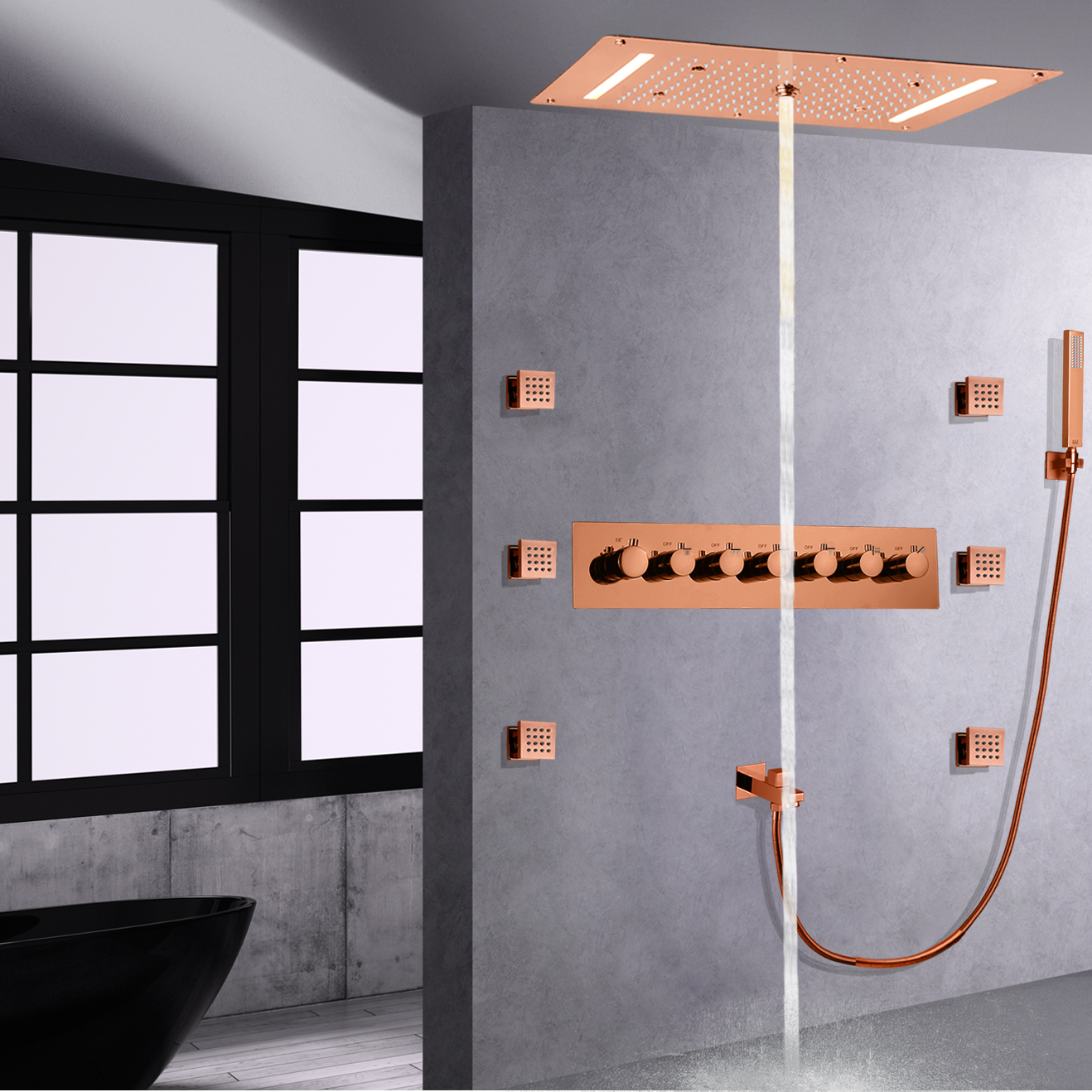 Mezclador de ducha de techo de baño integrado de oro rosa, conjunto combinado de caño de ducha de cascada de lluvia