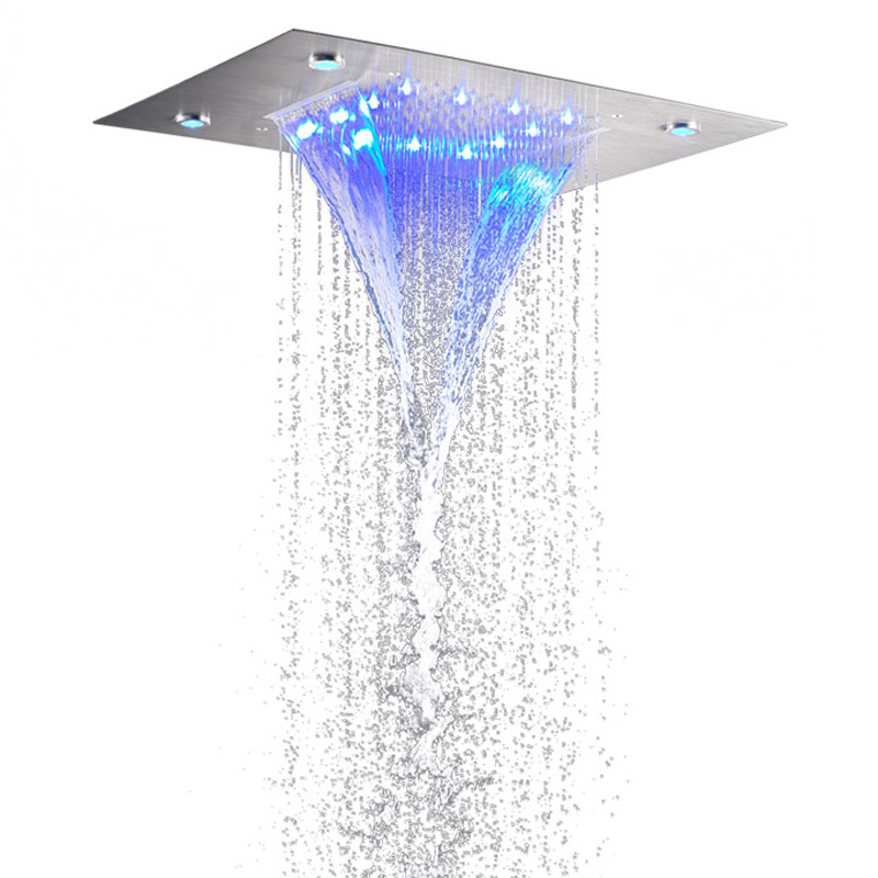 Alcachofa de ducha de níquel cepillado 50X36 CM LED 7 colores baño empotrado ducha de techo cascada bifuncional lluvia