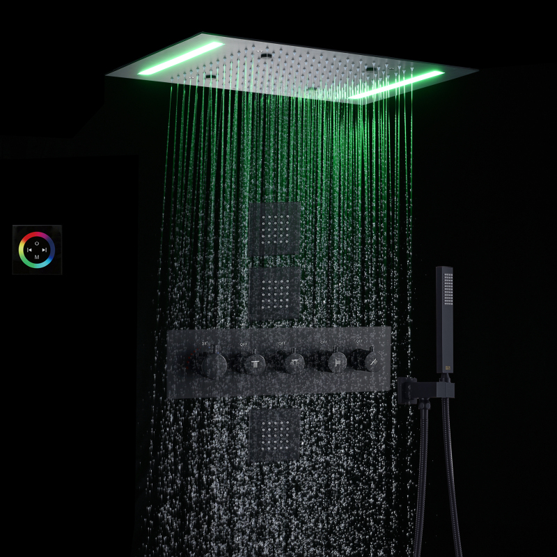 Juego de ducha de lluvia negra mate, sistema de ducha de lluvia con niebla para baño de 14 x 20 pulgadas, termostático LED