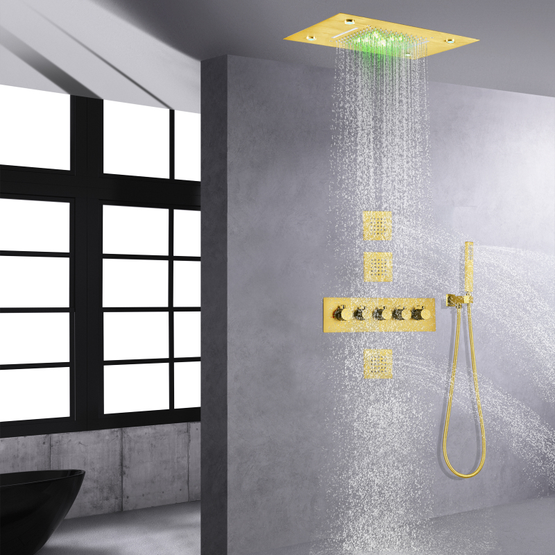 Sistema de ducha de lluvia de baño de oro cepillado cascada termostática de alto flujo de 14 x 20 pulgadas