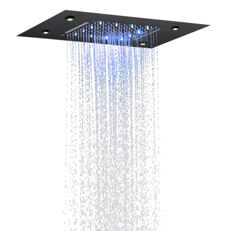 Mezclador de ducha LED de bronce frotado con aceite, 50x36 CM, cambio de temperatura de 3 colores, cascada bifuncional para baño, lluvia