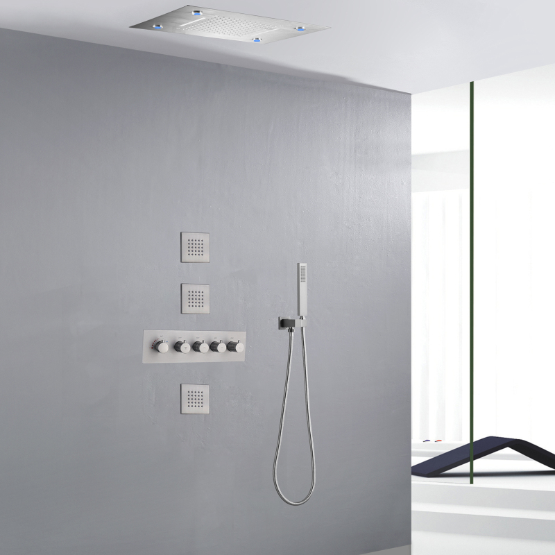 Juego de ducha LED de níquel cepillado, lluvia termostática en cascada con grifos de ducha y baño de mano