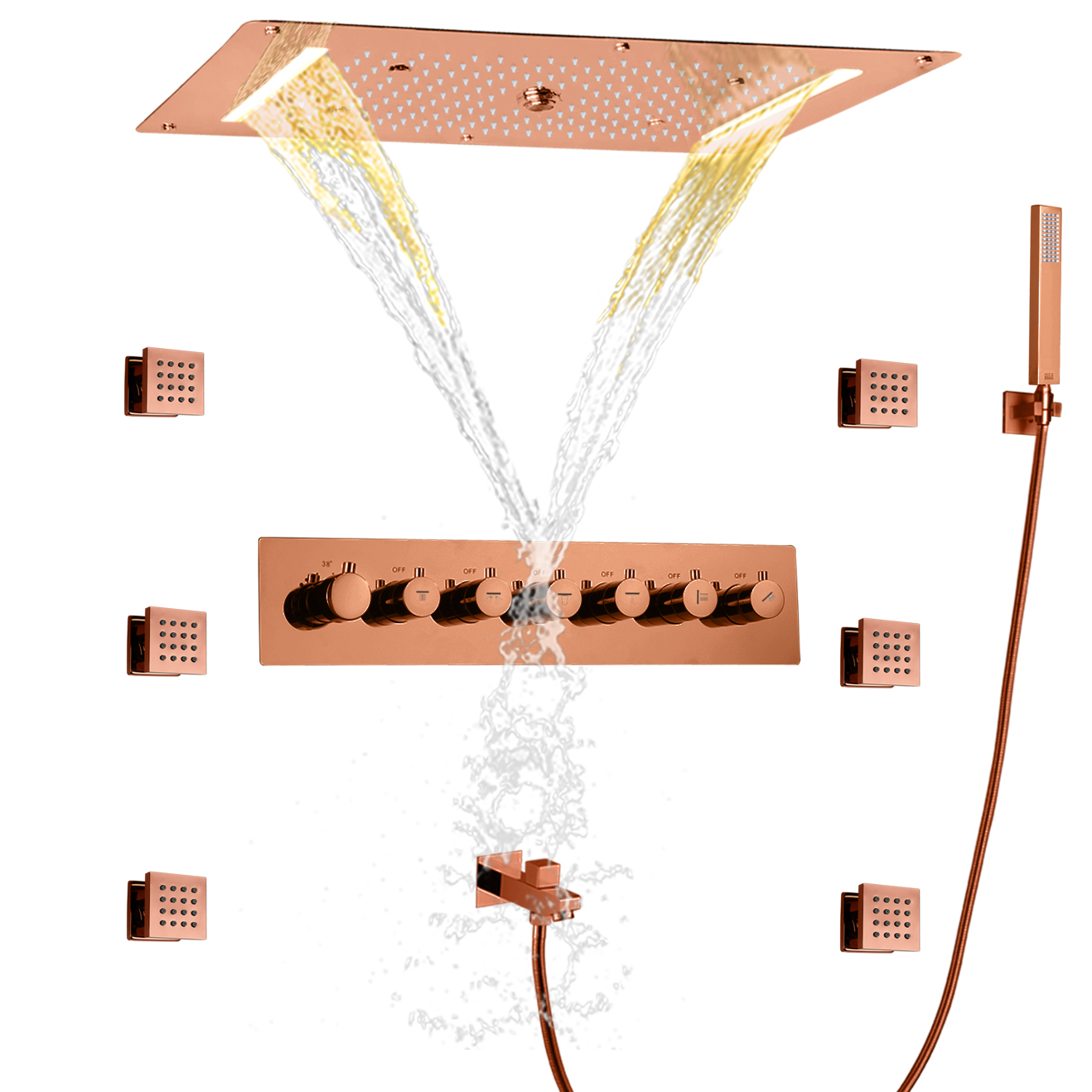Mezclador de ducha de baño de lujo, oro rosa, LED, termostático, ducha de alto flujo, cascada, lluvia