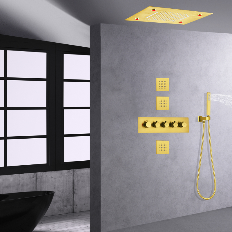 Juego de ducha termostática de oro cepillado, ducha de cascada de baño moderna LED de 14 x 20 pulgadas