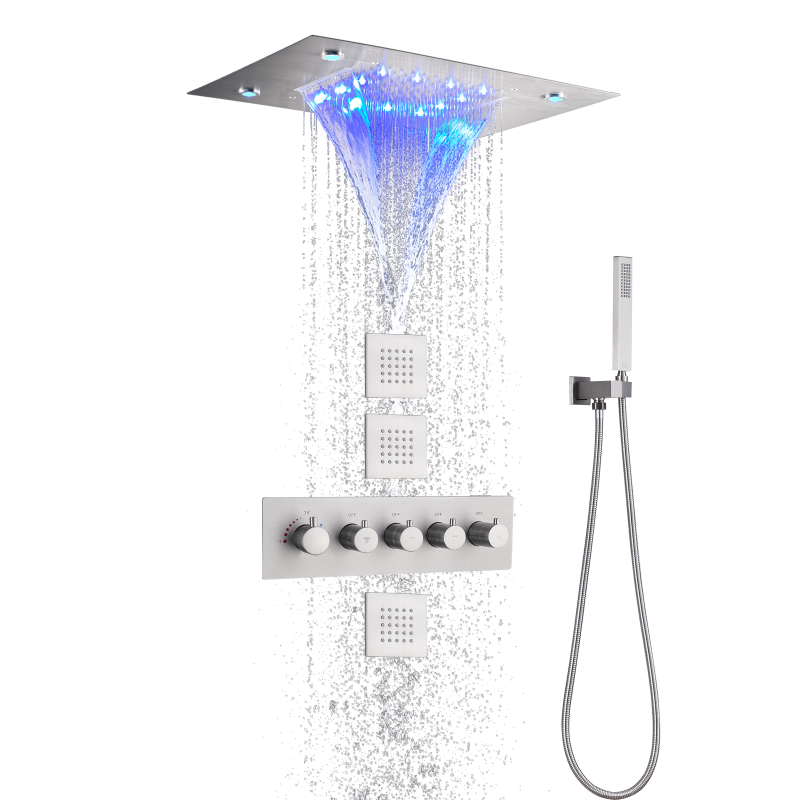 Juego de ducha termostática de oro cepillado cascada de lluvia oculta de 14 x 20 pulgadas con control de mano