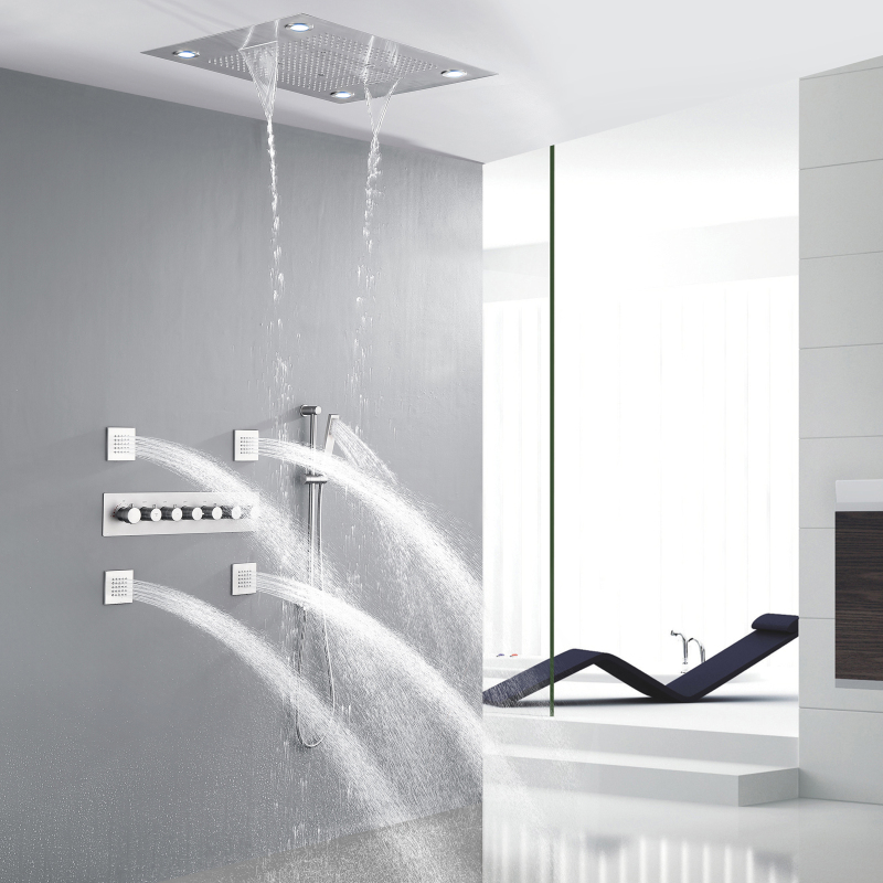 Grifo de ducha multifunción LED de níquel cepillado, cascada termostática, lluvia atomizadora con sujeción manual