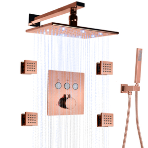 Cabezal de ducha LED de oro rosa con rociador de mano montado en la pared Sistema de ducha de lluvia LED termostático de 8 x 12 pulgadas