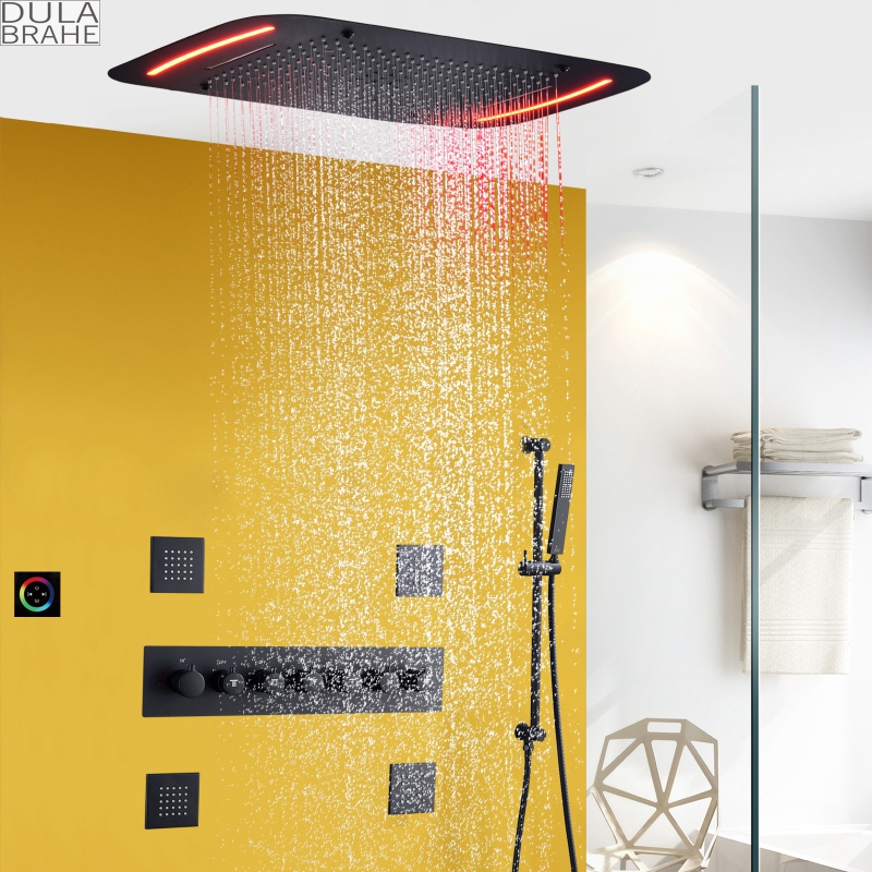 Grifos de ducha de cascada de lluvia de techo empotrados con Control termostático LED de ducha de extremo superior negro mate