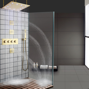 Mezclador de ducha de Oro pulido, Panel de ducha LED para baño, termostático de lluvia con boquilla de mano para Spa