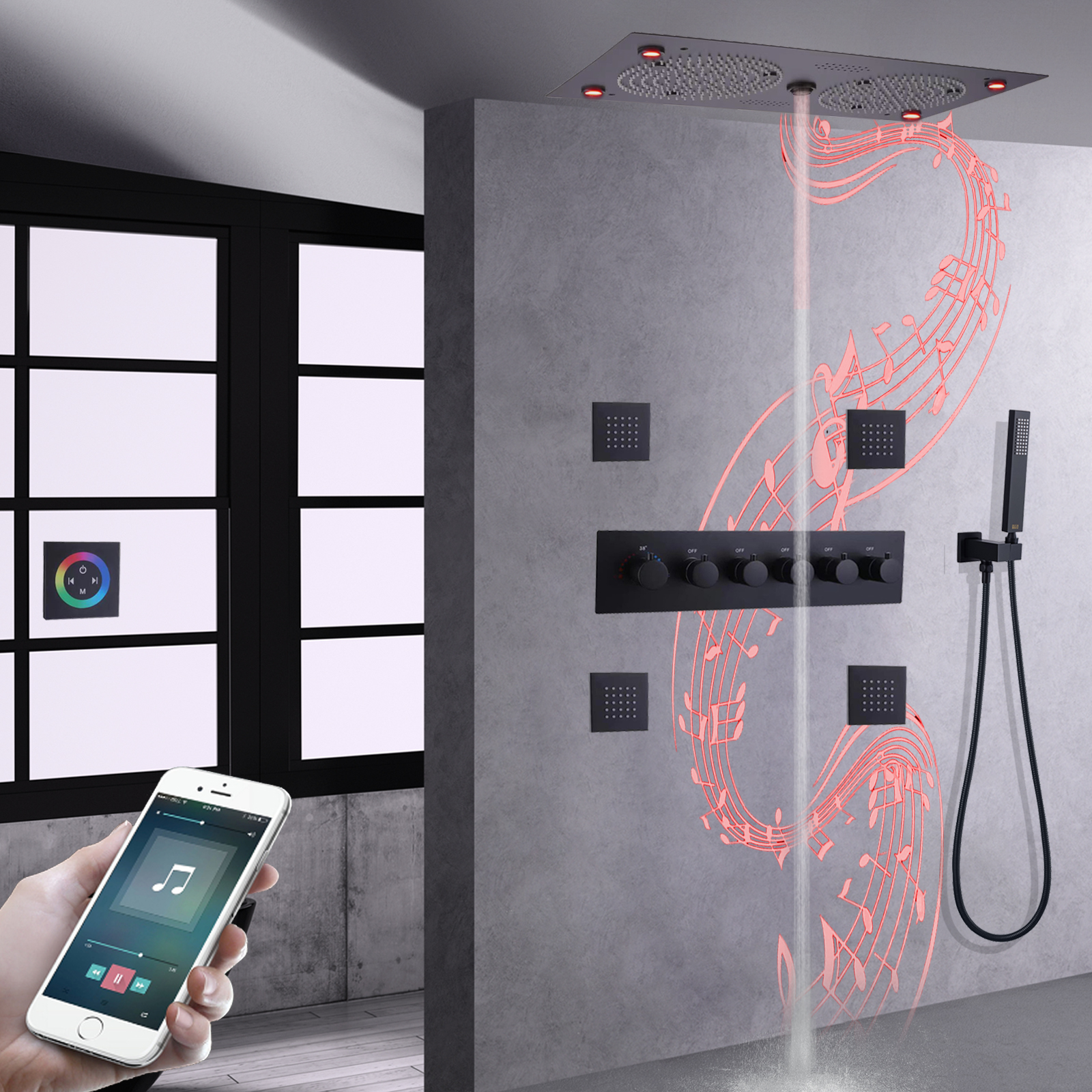 Sistemas de ducha de música LED negro mate, juego de ducha de lluvia termostática con grifo oculto para baño