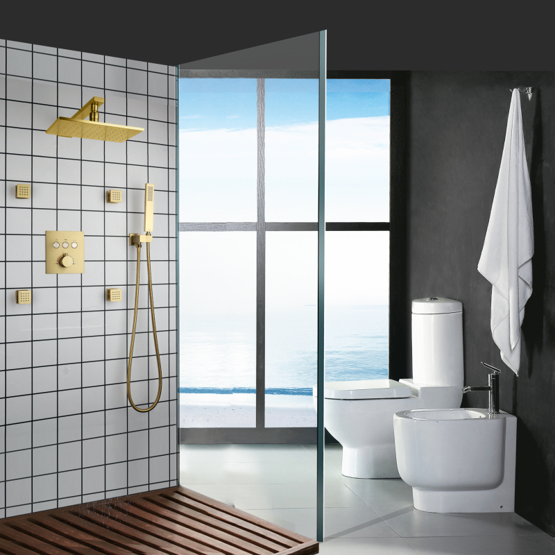 Grifo de ducha de latón moderno termostático de Oro pulido, juego de ducha LED de lluvia superior con cabezal de ducha de mano