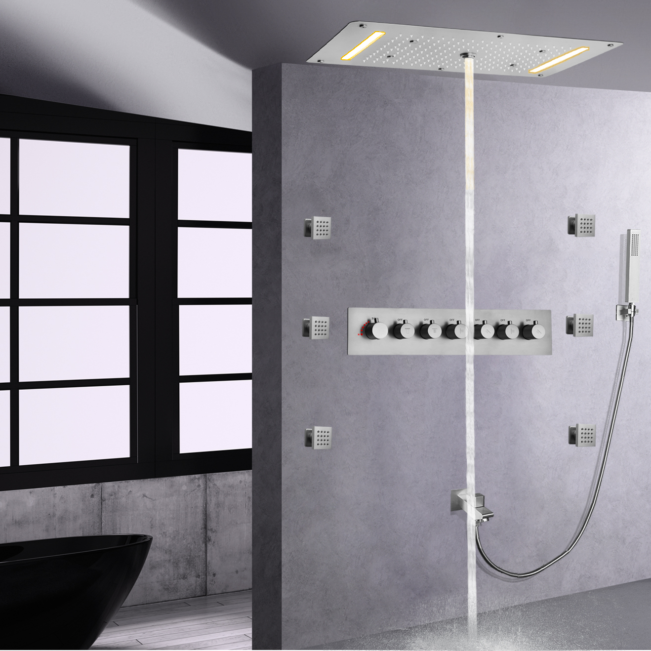 Sistema de ducha de níquel cepillado Panel de ducha termostático cascada lluvia juego de ducha de mano mezclador