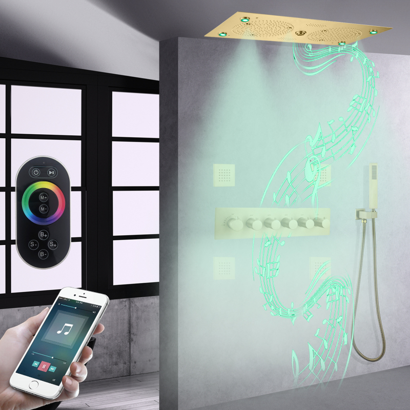 Juego de cabezal de ducha termostático de Oro pulido de lujo, LED de 620x320mm para baño con música, boquilla de ducha de masaje