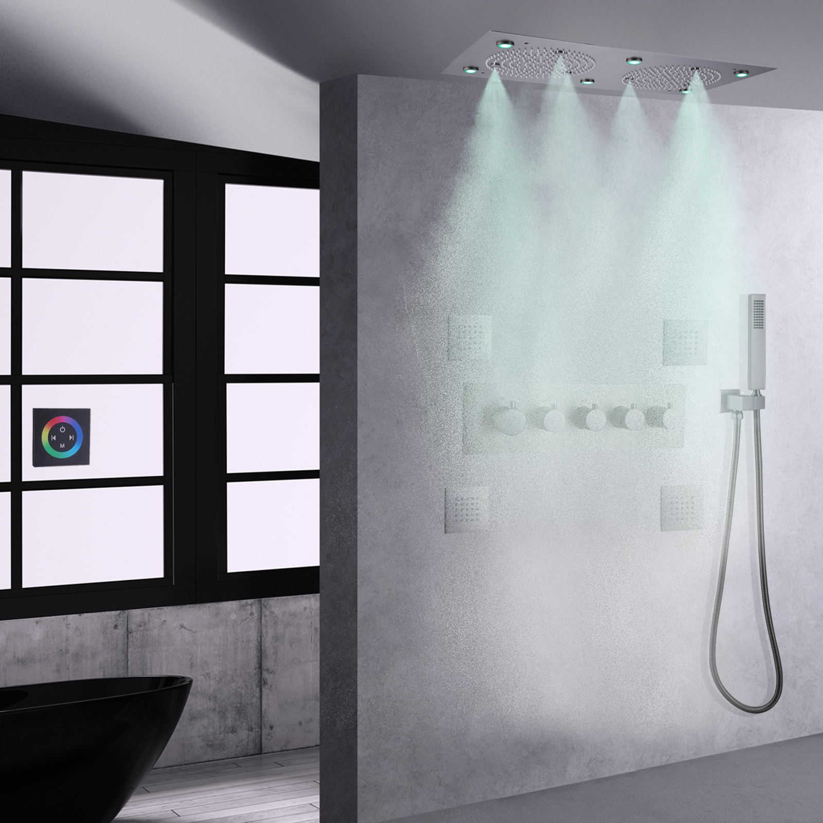 Pistola gris grifos de ducha LED baño grifo termostático ducha lluvia niebla masaje duchas conjunto