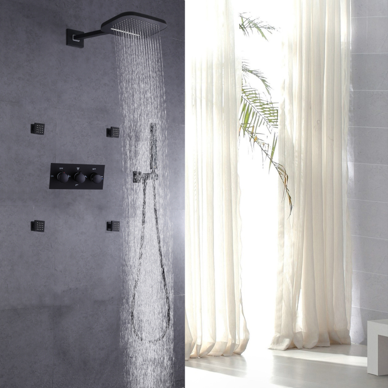 Ducha de lluvia para baño montada en la pared, juego de ducha tipo lluvia en cascada, color negro mate, de mano, de latón frío y caliente