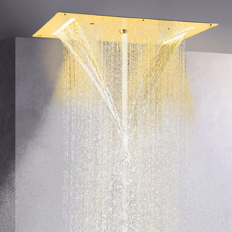 Grifos de ducha pulidos en oro de lujo, 70x38 CM, LED, cascada, lluvia, atomizador, ducha de masaje con burbujas
