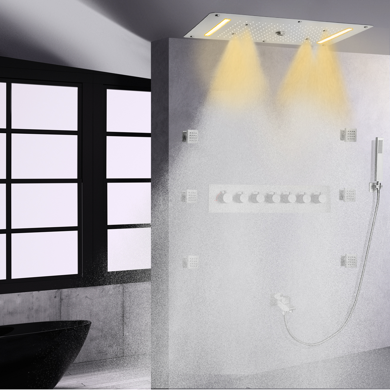 Sistema de ducha termostático LED de níquel cepillado, sistema de ducha de alto flujo, juego de mezclador de ducha oculto tipo lluvia para baño
