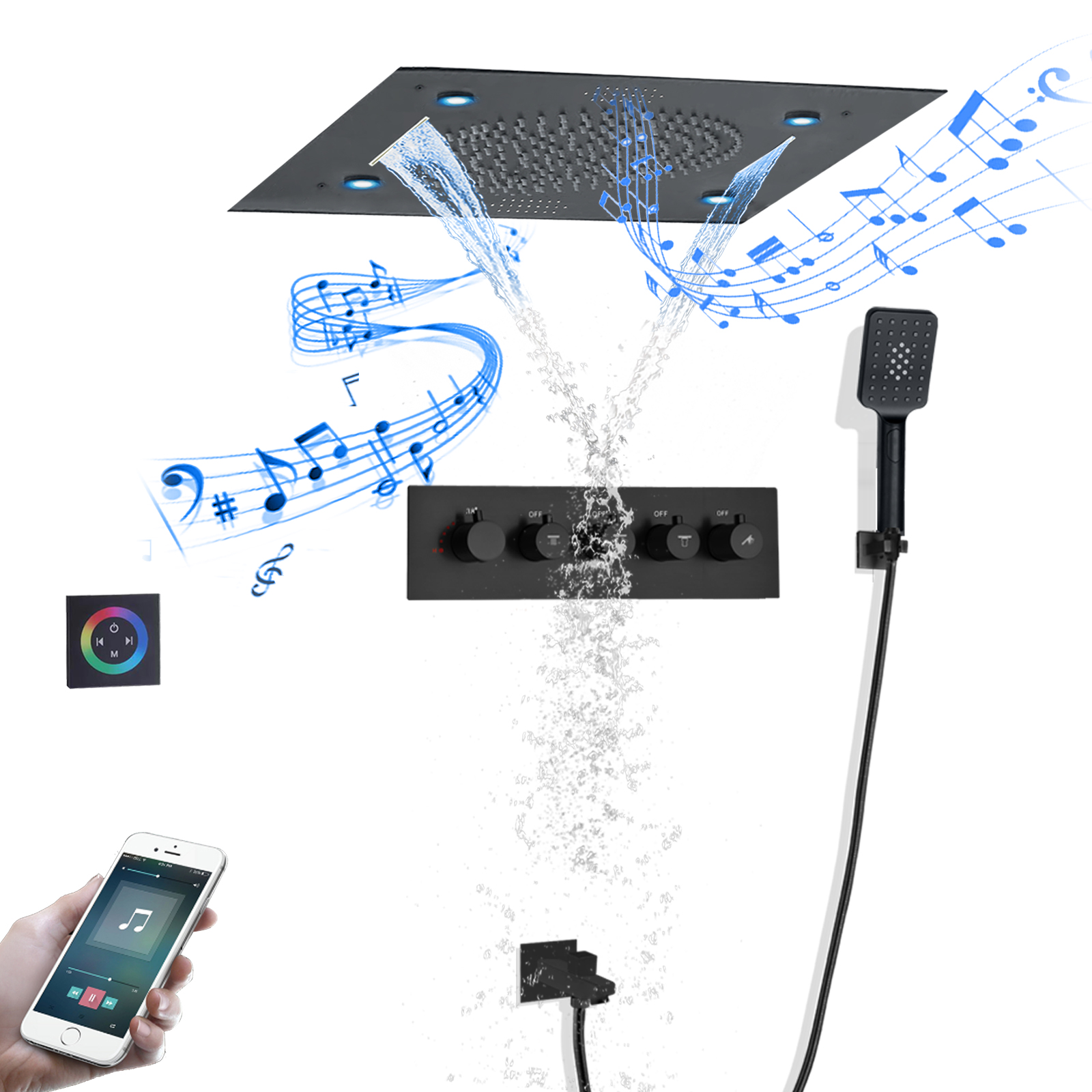 Juego de ducha termostática de 24 pulgadas para baño, techo oculto, lluvia 304sus, cascada, música, cabezal de ducha LED para juego de masaje