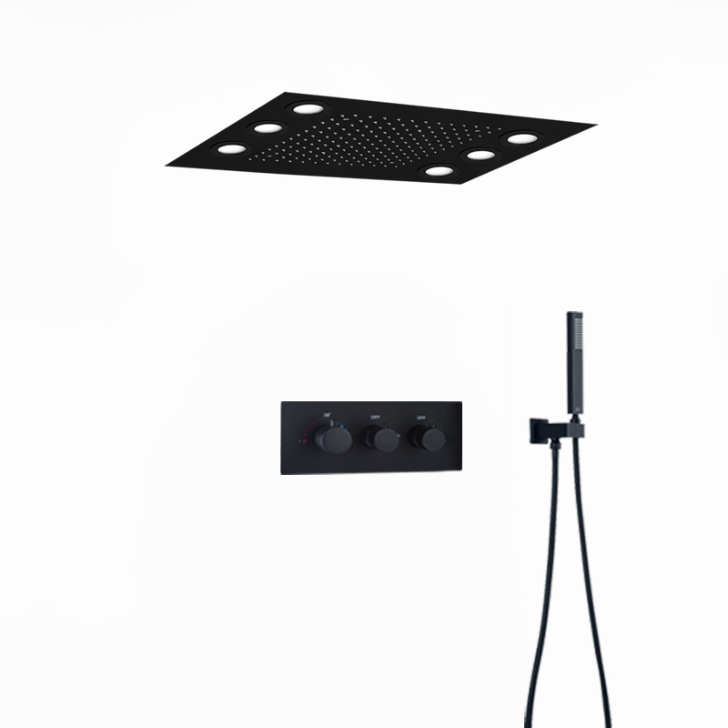 Negro mate 360x500 MM LED techo ducha de lluvia cabezal de ducha empotrado termostático dos funciones juego de mezclador de ducha