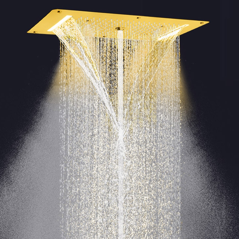 Cabezal de ducha de lujo Oro pulido 70X38 CM LED baño multifunción cascada lluvia atomizador ducha de burbujas