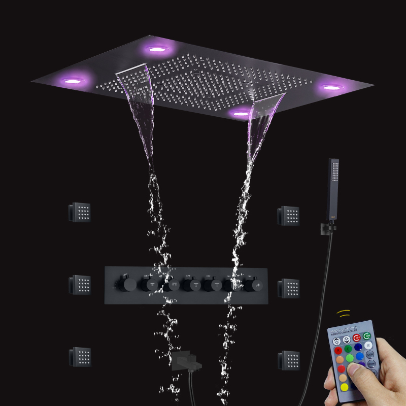 Baño de lujo 600*800 MM LED multifunción mezclador termostático cortina de lluvia cascada niebla rociador lateral conjunto de ducha de lluvia