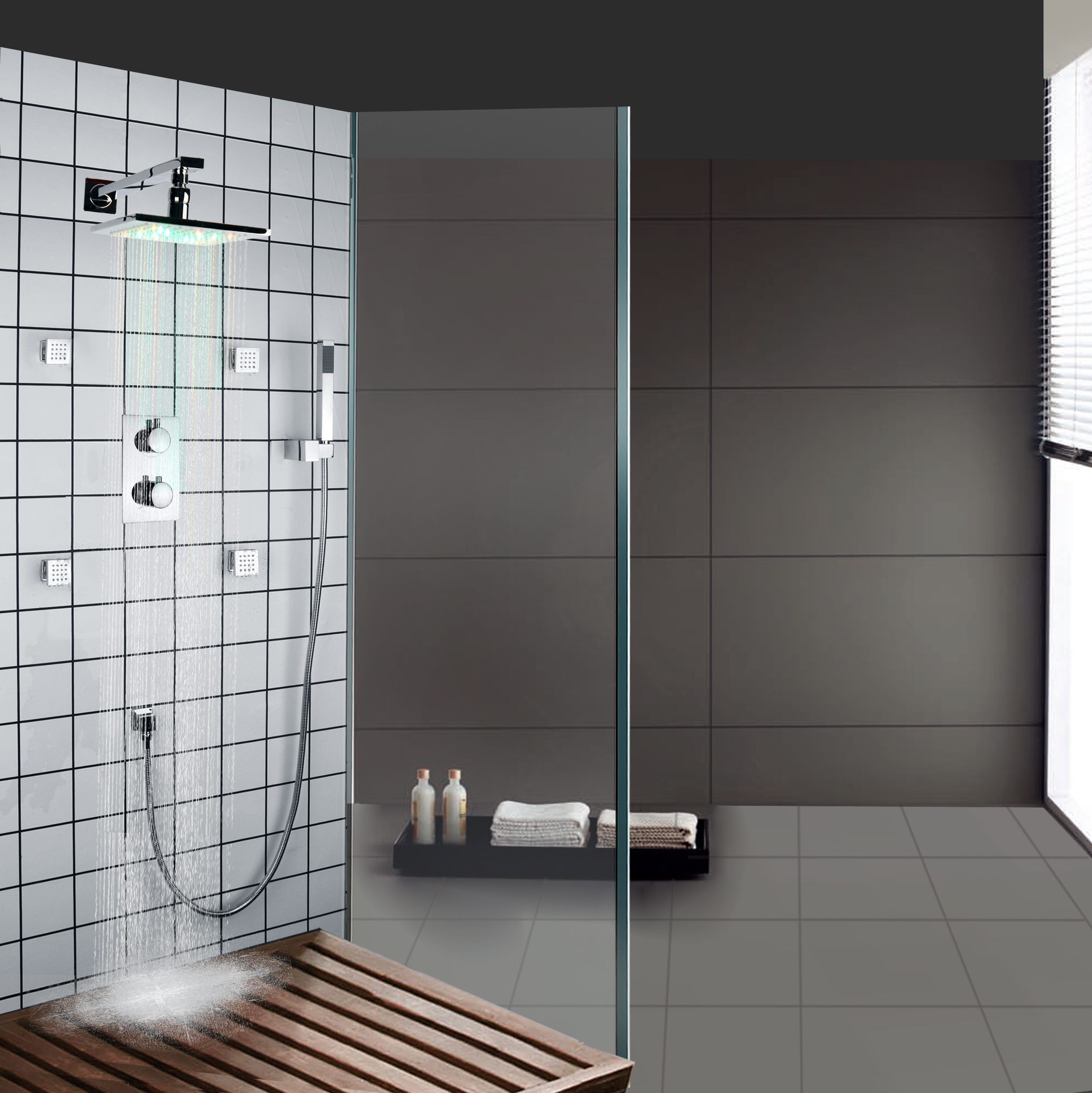 Cromo pulido termostático muebles de baño sistema de ducha LED 7 ducha oculta de lluvia colorida