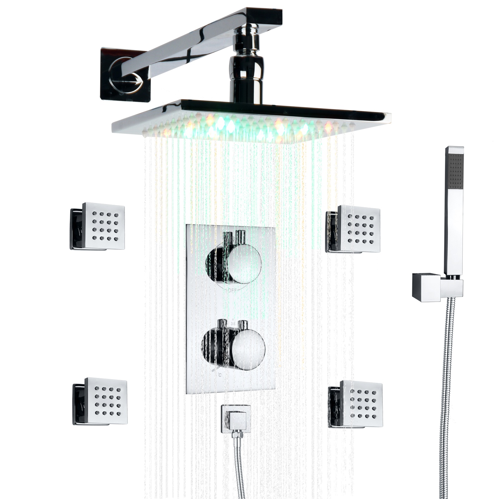 Cromo pulido LED Hydro Jet cabezal de ducha masaje termostático lluvia baño grifos de ducha conjunto