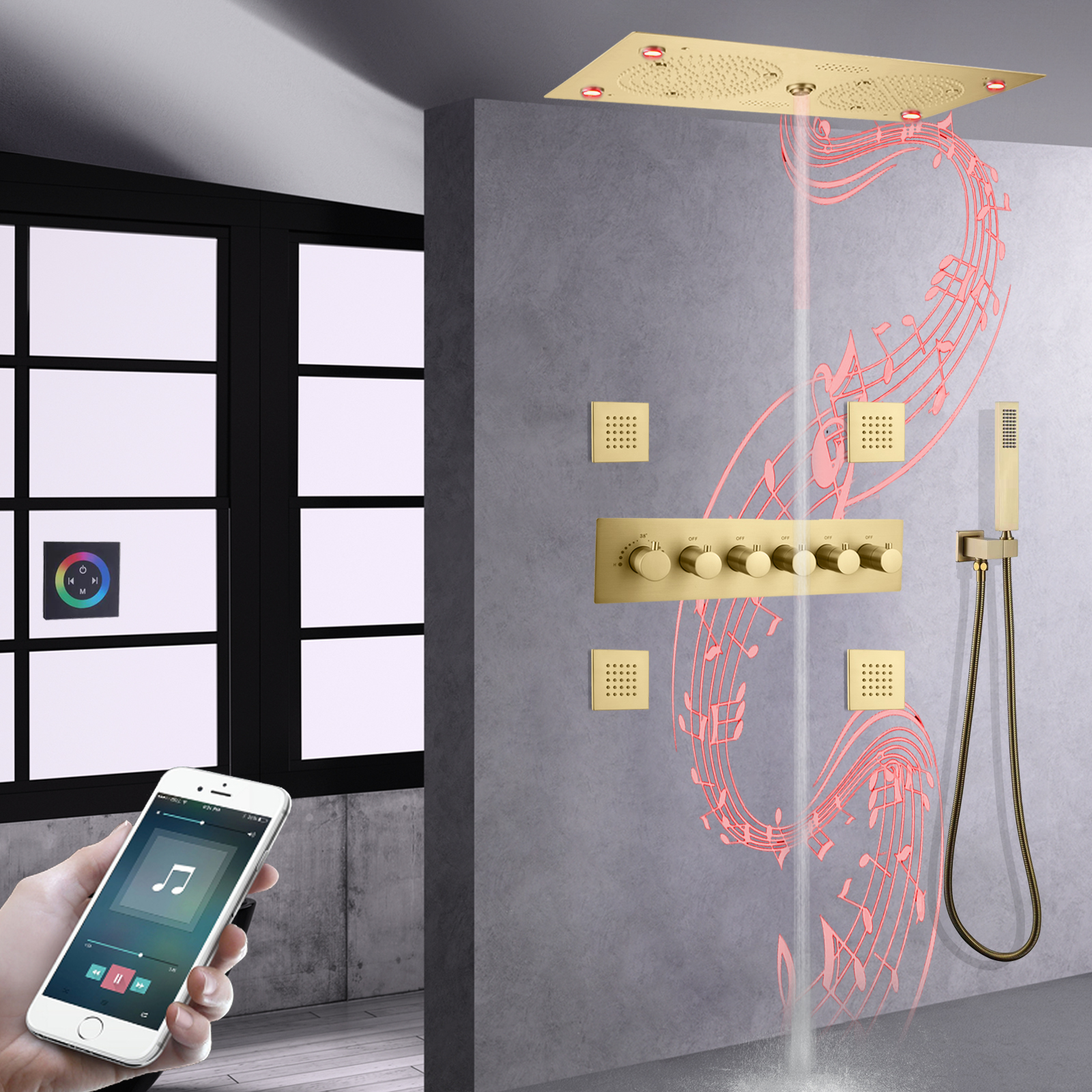 Grifo de ducha con música LED de Oro pulido, ducha integrada, juego de ducha termostática de lluvia para Spa
