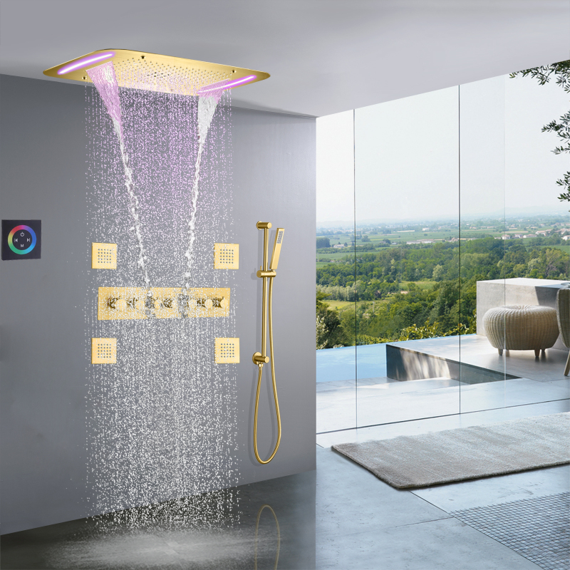 Cabezal de ducha termostático de Oro pulido de lujo, juego de ducha de lluvia en cascada multifunción LED de 710x430 MM para baño