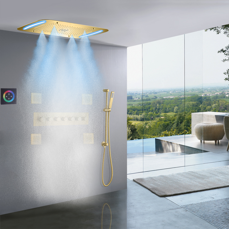 Cabezal de ducha termostático de Oro pulido de lujo, juego de ducha de lluvia en cascada multifunción LED de 710x430 MM para baño
