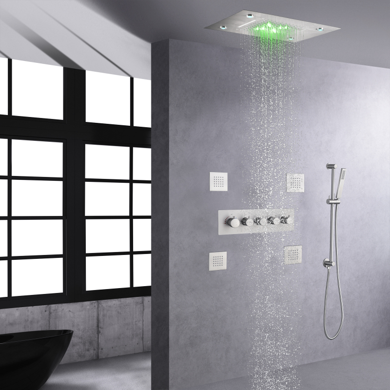 Juego de ducha termostática LED con chorros de masaje corporal para Spa de níquel cepillado, sistema de cabezal de ducha tipo lluvia y cascada de 14x20 pulgadas