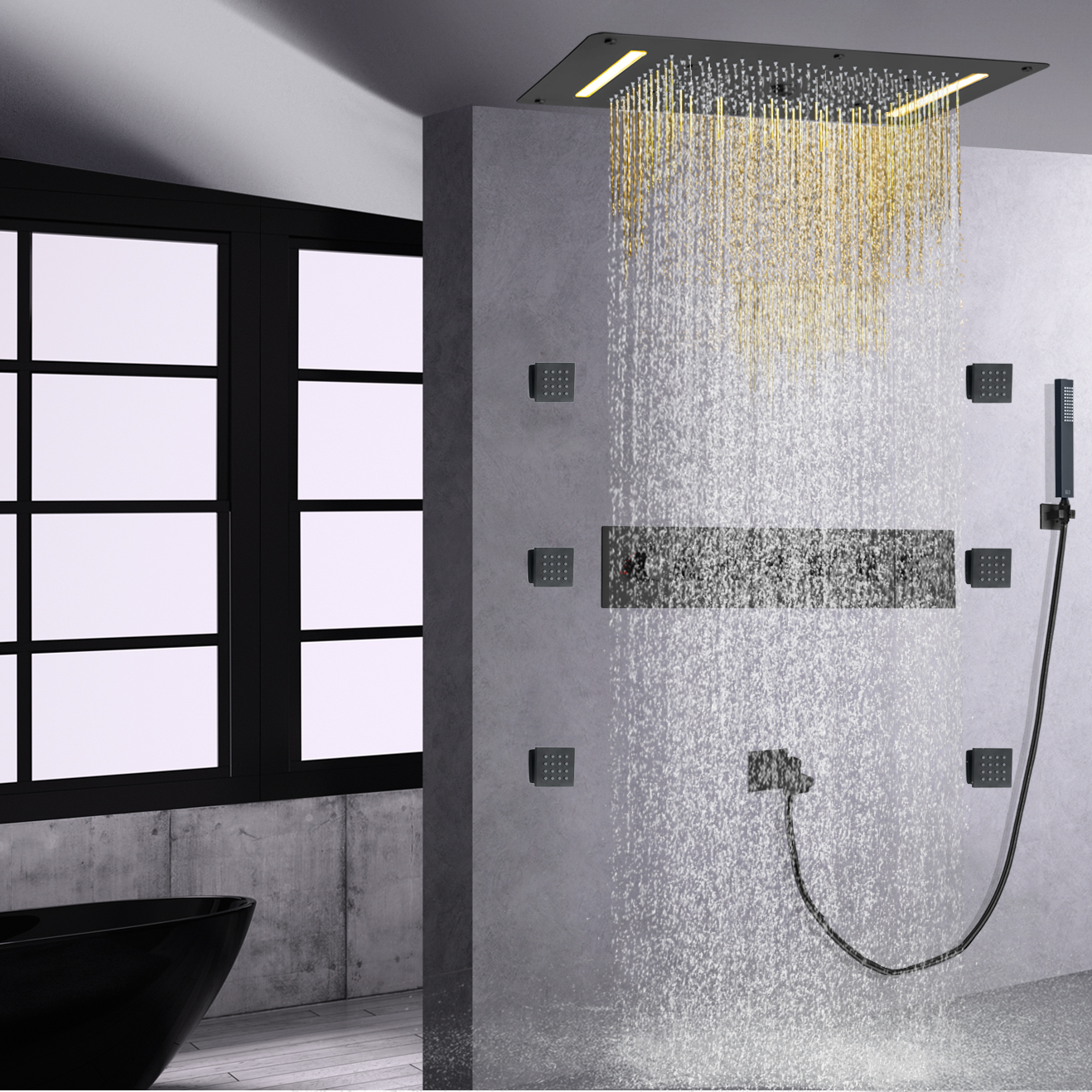 Cabezal de ducha multifuncional grande, negro mate, LED, niebla, lluvia, cascada, sistema de ducha, boquilla para bañera, conjunto combinado