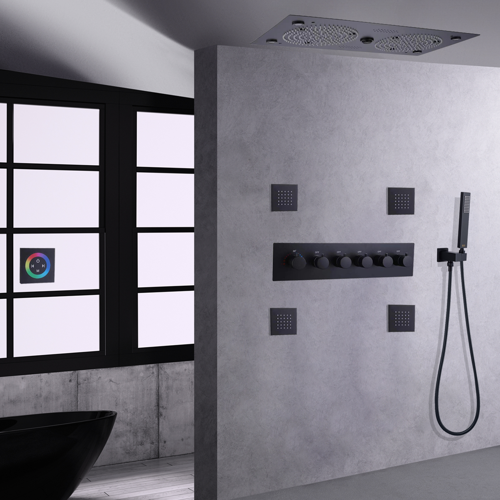 Ducha musical, lluvia termostática, LED negro mate, grifo de ducha de baño, ducha de mano