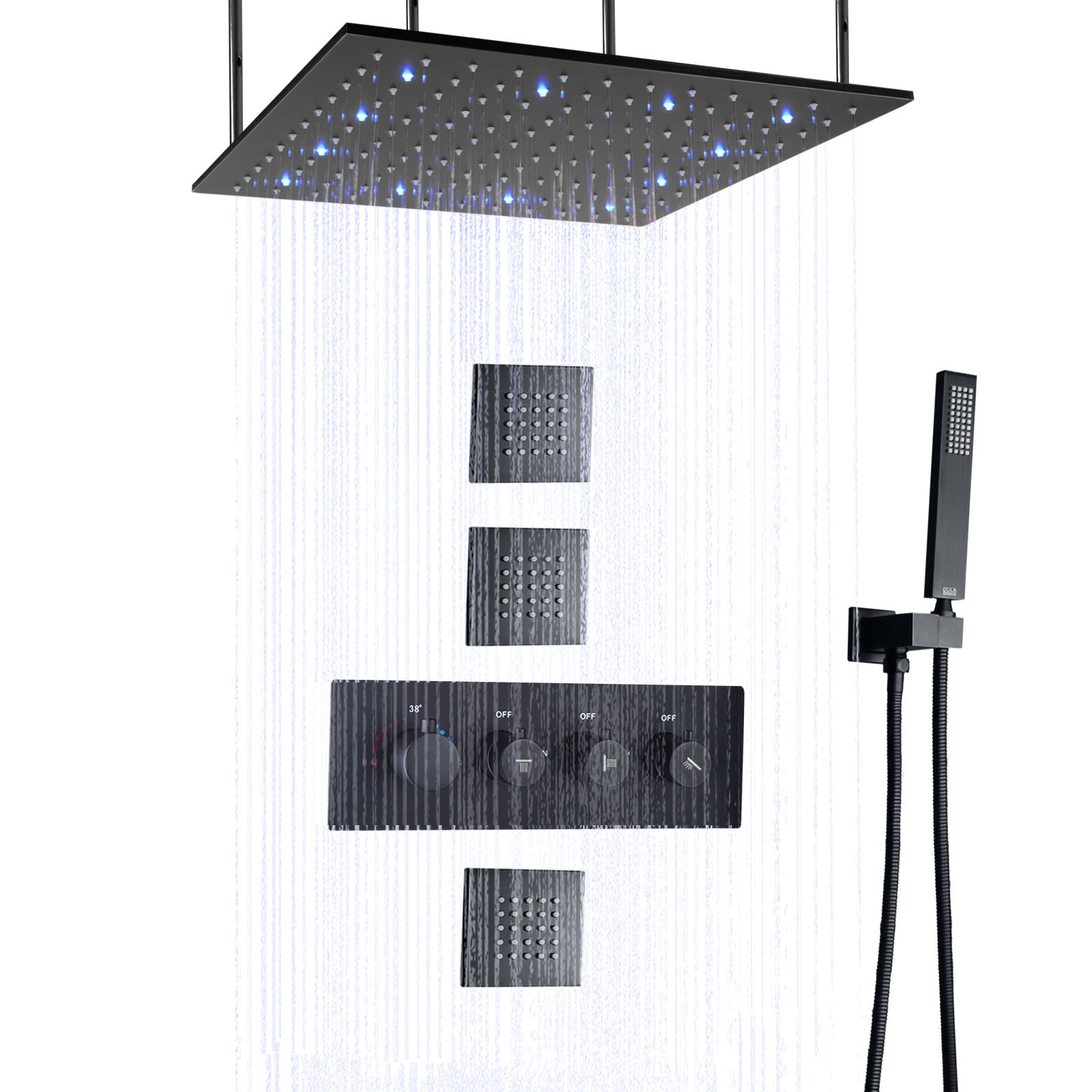 Mezclador de ducha LED para baño, Panel de mano de masaje de lluvia montado en la pared, color negro mate