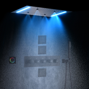 Juego combinado de duchas negras mate, cabezal de ducha LED de 14 x 20 pulgadas, ducha termostática de latón con niebla