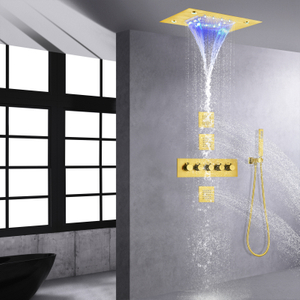 Sistema de ducha termostático de lujo de oro cepillado cabezal de ducha tipo lluvia en cascada LED de 14 x 20 pulgadas