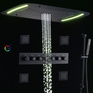 Sistema de ducha LED termostático negro mate cascada oculta lluvia chorro de mano masaje de agua de alta presión