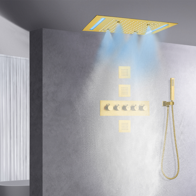 Sistema de ducha LED de oro cepillado, conjunto de ducha de lluvia atomizadora de techo de 14x20 pulgadas, termostático