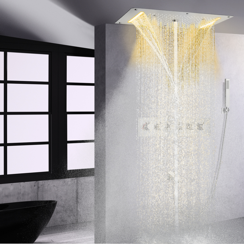 Juego de cabezal de ducha termostático, 700 x 380 mm, níquel cepillado, LED, cascada, spray, lluvia de burbujas