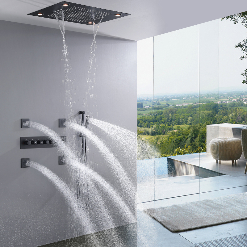 Cabezal de ducha termostático LED negro oculto con chorros de pulverización de mano lluvia en cascada para baño