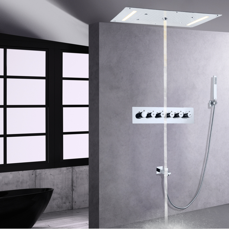 Juego de grifería de ducha termostática pulida cromada moderna, grifo de lluvia con rociador de cascada LED de 70x38 CM con sujeción manual